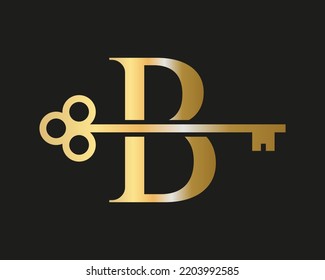 Letter B Real Estate Logo Concept With Home Lock Key Vector Template. Luxury Home Logo Key Sign