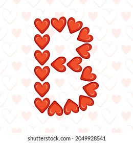 Letter B from red hearts on seamless pattern with love symbol. Festive font or decoration for valentine day, wedding, holiday and design