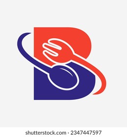 Letter B Restaurant Logo Combined with Fork and Spoon Icon