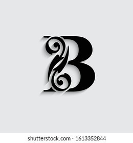 letter B with shadow. Black alphabet.  Beautiful flower  capital letters