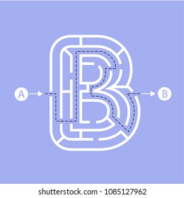 Letter B shape Maze Labyrinth, maze with one way to entrance and one way to exit. Flat design, vector illustration.