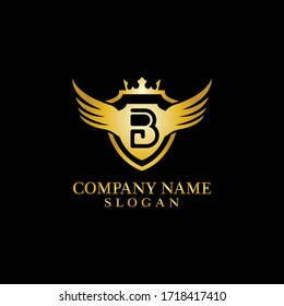Letter B Shield, Wing and Crown gold in elegant style with black background for Business Logo Template Design, Emblem, Design concept, Creative Symbol, Icon