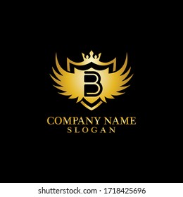 Letter B Shield, Wing and Crown gold in elegant style with black background for Business Logo Template Design, Emblem, Design concept, Creative Symbol, Icon