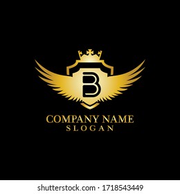 Letter B Shield, Wing and Crown gold in elegant style with black background for Business Logo Template Design, Emblem, Design concept, Creative Symbol, Icon