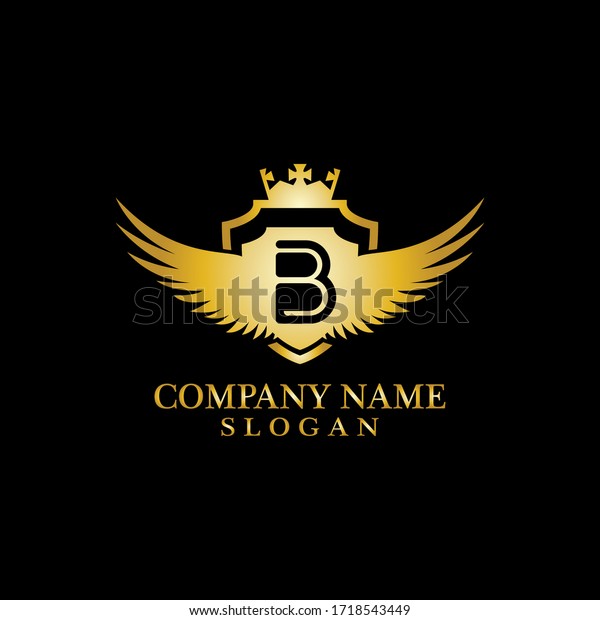 Letter B Shield, Wing and\
Crown gold in elegant style with black background for Business Logo\
Template Design, Emblem, Design concept, Creative Symbol,\
Icon