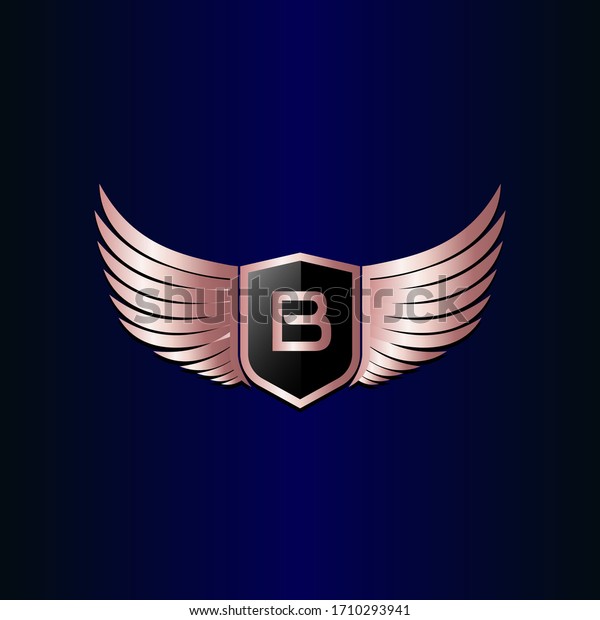 letter B shield with wings gold color logo design\
concept template vector 3d heraldic shield and wings logo gold /\
silver emblem