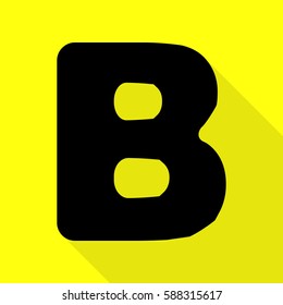 Letter B sign design template element. Black icon with flat style shadow path on yellow background.