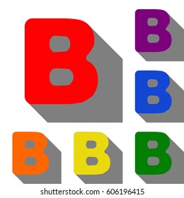 Letter B sign design template element. Set of red, orange, yellow, green, blue and violet icons at white background with flat shadow.