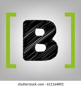 Letter B sign design template element. Vector. Black scribble icon in citron brackets on grayish background.