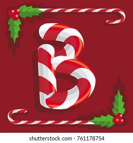 Letter B, sign of red and white sweets, sweet candy cane on red background, illustration, vector
