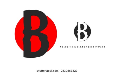 Letter B silhouette on red sun, twisting alphabet. Japanese logo for sushi roll restaurant logo, asian cultural event logotype. Vector logo and typeset