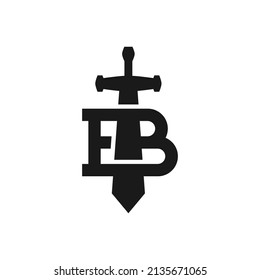 letter B with a silhouette of sword. medieval logo theme.