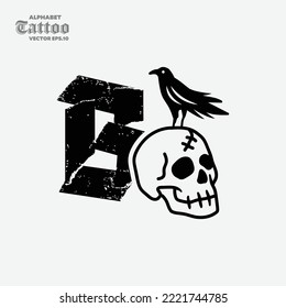 The letter B with a skull head on it has a black crow, black and white style