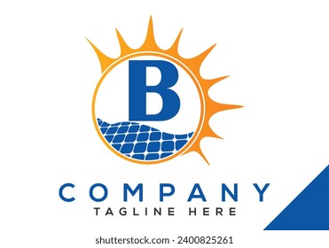 Letter B with solar panel and sun sign Logo Design Vector Template.