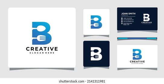 Letter B Spoon and Fork Logo Template With Business Card Design Inspiration