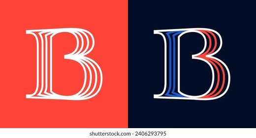 Letter B sport logo. Blue and red lines font. Patriotic emblem for Independence or Veterans Day. Serif type for college baseball team, basketball uniform, vintage style headlines, motorcycle magazine.