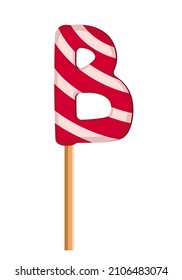 Buchstabe B aus gestreiften roten und weißen Lollipops. Festliche Schriftart oder Dekoration für Feiertage oder Feiern. Vektorgrafik