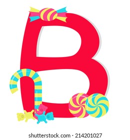 Letter "b" from stylized alphabet with candies. Letter "b" from stylized alphabet with candies: stick candy, gelatin teddy, Peppermint Candy, Candy wrapped. White background.