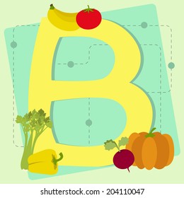 Letter "b" from stylized alphabet with fruits and vegetables - tomato, banana, pepper, pumpkin, beet 	 