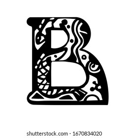  Schreiben B. Stilftiger Fisch, Algen im Brief. Schwarz-Weiß-Vektorillustration-Illustration. Einzeln auf weißem Hintergrund.