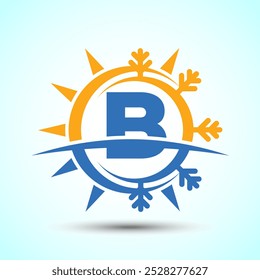 Letter B Surrounded by Sun and Snowflake Symbolizing Heating and Cooling Solutions