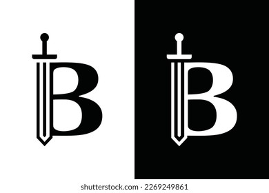 Letter B with sword combination concept on black and white background. Very suitable for symbol, logo, company name, brand name, personal name, icon and many more.