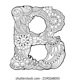 Letter B symbol filled with zentangle floral ornament. Lettering