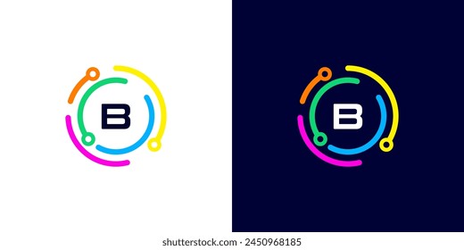 letter B technology logo with colorful connection circuit circle dots for technology,data,internet,computer