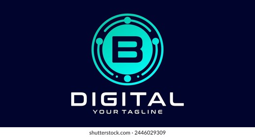 letter B technology logo. Digital font vector design for industry with circuit circles and dots, for digital, technology,data