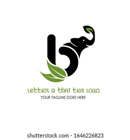 Letter B Thai Tea Vector Logo Design Inspiration for Thai Tea House and Café. Elephant Logo with Tea Leaves Vector Illustration Isolated on White Background