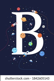 The letter B with the theme of outer space for Children. Letter graphic vector illustration for kids on outer space theme. space kids, letters for children.