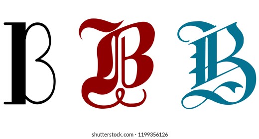The letter B in three different calligraphy styles
