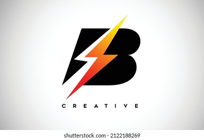 Letra B Concepto de logotipo de perno con letra negra y trueno amarillo anaranjado. B Relámpago de perno de brillo de perno de iluminación Strike Creative Letter Vector.