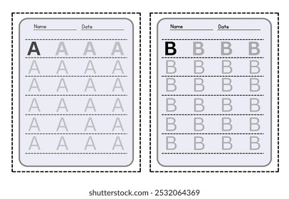 Letter A and B. trace uppercase abc alphabet worksheet for kids English vocabulary. Handwriting tracing practice vector illustration