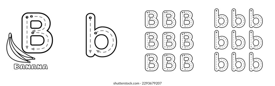 Letter B trace uppercase and lowercase ABC alphabet worksheet for kids English vocabulary. Handwriting tracing practice vector illustration svg