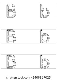 Letter B Tracing Worksheet für Preschool PreK Kinder Homeschooling. Alphabet-Aktivitäten in den oberen und unteren Bereichen