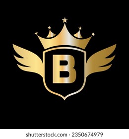 Letter B Transportation Logo With Wing, Shield And Crown Icon. Wing Logo On Shield Symbol