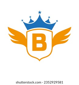 Letter B Transportation Logo With Wing, Shield And Crown Icon. Wing Logo On Shield Symbol