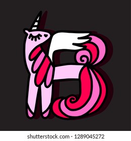 Letter "B" unicorn. Written by unicorns. Unicorn style letter. Fairytale font. Trend print on a T-shirt. Logo isolated on a black background. Metal pin. Unicorn alphabet.