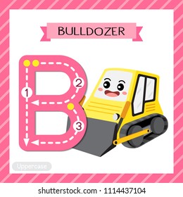 Letter B uppercase cute children colorful transportations ABC alphabet tracing flashcard of Bulldozer for kids learning English vocabulary and handwriting Vector Illustration.