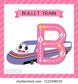 Letter B uppercase cute children colorful transportations ABC alphabet tracing flashcard of Bullet Train for kids learning English vocabulary and handwriting Vector Illustration.