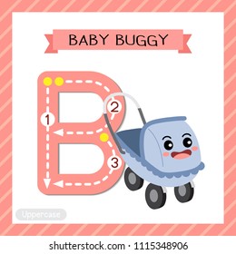 Letter B uppercase cute children colorful transportations ABC alphabet tracing flashcard of Baby Buggy for kids learning English vocabulary and handwriting Vector Illustration.