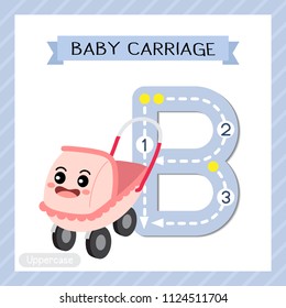 Letter B uppercase cute children colorful transportations ABC alphabet tracing flashcard of Baby Carriage for kids learning English vocabulary and handwriting Vector Illustration.