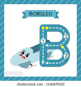 Letter B uppercase cute children colorful transportations ABC alphabet tracing flashcard of Bobsled for kids learning English vocabulary and handwriting Vector Illustration.