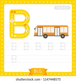 Letter B uppercase cute children colorful transportations ABC alphabet tracing practice worksheet of Bus for kids learning English vocabulary and handwriting Vector Illustration.