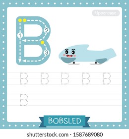 Letter B uppercase cute children colorful transportations ABC alphabet tracing practice worksheet of Bobsled for kids learning English vocabulary and handwriting Vector Illustration.