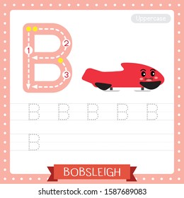 Letter B uppercase cute children colorful transportations ABC alphabet tracing practice worksheet of Bobsleigh for kids learning English vocabulary and handwriting Vector Illustration.