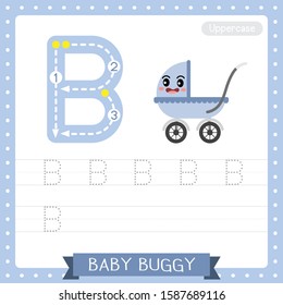 Letter B uppercase cute children colorful transportations ABC alphabet tracing practice worksheet of Baby Buggy for kids learning English vocabulary and handwriting Vector Illustration.