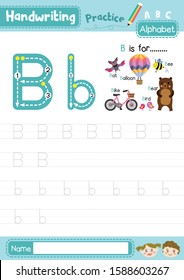 Letter B uppercase and lowercase cute children colorful ABC alphabet trace practice worksheet for kids learning English vocabulary and handwriting layout in A4 vector illustration.