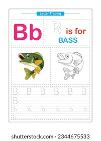 Letter B.  Uppercase and Lowercase. Cute children. Colorful ABC alphabet tracing. Practice worksheet for kids. Learning English vocabulary and handwriting. Letter Trace. Vector illustration